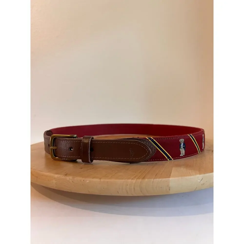 Polo Ralph Lauren Leather Maroon Sweater Bear Ribbon Belt Unisex Size 34 / Large